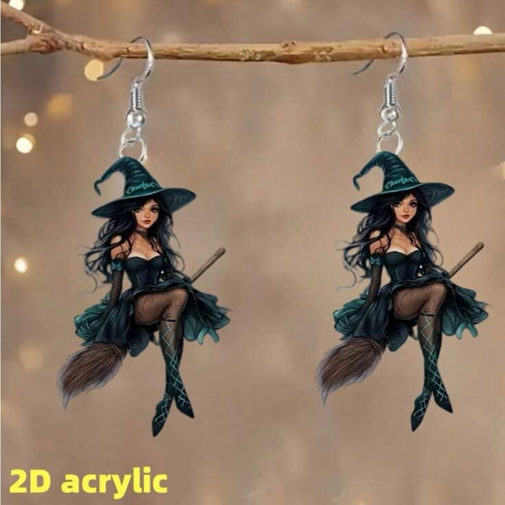 Witch on Broomstick Acrylic Earrings